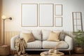 Gallery wall mockup in cozy living room interior, frame mockup, Generative AI Royalty Free Stock Photo