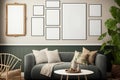 Gallery wall mockup in cozy living room interior, frame mockup, Generative AI Royalty Free Stock Photo