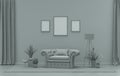Gallery wall with three frames, in monochrome flat single ash gray color room with furnitures and plants, 3d Rendering