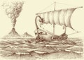 Galley ship on sea hand drawing