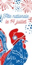 Gallic rooster in phrygian cap. Symbol of France and fireworks. Bastille Day design template. Title