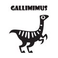 Gallimimus . Cute dinosaurs cartoon characters . Silhouette black isolated color .