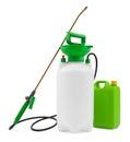 Gallon portable garden pump pressure sprayer and green little jerry can, plastic jug with lid. Gardening work equipment and Royalty Free Stock Photo