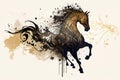 Gallop running Arabian horse shaped by watercolour calligraphy strokes