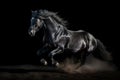 Galloping black stallion horse on dark dust background. Generative AI. Royalty Free Stock Photo