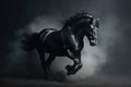 Galloping black stallion horse on dark dust background. Generative AI. Royalty Free Stock Photo