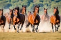 Galloping Glory: Brown Horse Herd in a Breathtaking Run. Royalty Free Stock Photo