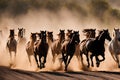 Herd of horses gallop past raising dust Royalty Free Stock Photo