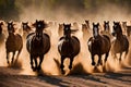 Herd of horses gallop past raising dust Royalty Free Stock Photo