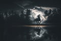 Galloping horse in the misty forest with reflection in the lake.