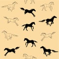 Galloping horses on a beige background - seamless pattern. Silhouettes and linear figures of running horses of black color