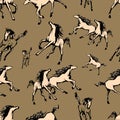 Galloping horses on brown background. Drawn seamless pattern. Silhouettes and linear figures of running horses of black and beige Royalty Free Stock Photo