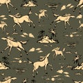 Galloping horses on brown, khaki background. Drawn seamless pattern. Silhouettes and linear figures of running horses of black and Royalty Free Stock Photo