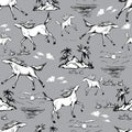 Galloping horses on grey background. Drawn seamless pattern. Silhouettes and linear figures of running horses of black and white Royalty Free Stock Photo