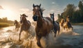 Galloping horses jumping over the river in freedom wild Generative AI Illustration Royalty Free Stock Photo