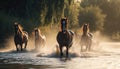 Galloping horses jumping over the river in freedom wild Generative AI Illustration Royalty Free Stock Photo