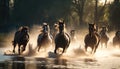 Galloping horses jumping over the river in freedom wild Generative AI Illustration Royalty Free Stock Photo