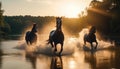 Galloping horses jumping over the river in freedom wild Generative AI Illustration Royalty Free Stock Photo