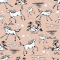 Galloping horses on light background. Drawn seamless pattern. Silhouettes and linear figures of running horses of black and white