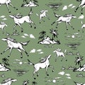 Galloping horses on light green background. Drawn seamless pattern. Silhouettes and linear figures of running horses of black and Royalty Free Stock Photo