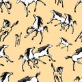 Galloping horses on yellow background. Drawn seamless pattern. Silhouettes and linear figures of running horses of black and white Royalty Free Stock Photo