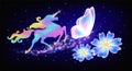 Galloping iridescent unicorn with luxurious winding mane and flying butterfly against the background of the fantasy universe with Royalty Free Stock Photo