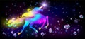 Galloping iridescent unicorn with luxurious winding mane and flying bubble against the background of the fantasy universe with