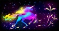 Galloping iridescent unicorn with luxurious winding mane prancing against the background of the fantasy universe with sparkling