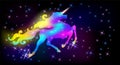 Galloping iridescent unicorn with luxurious winding mane prancing against the background of the fantasy universe with sparkling