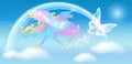 Galloping iridescent Unicorn Pegasus and rainbow in sky against the background of the fantasy universe with clouds and sparkling