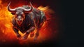 Galloping Red Bull, sparks fly from under the hooves, Bull runs, fire background, banner, copy space