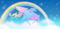Galloping Unicorn Pegasus and rainbow in blue sky against the background of the fantasy universe with rainbow and sparkling stars