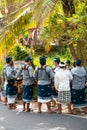 Galungan Holiday. A group of men rehearsing performance on drums. The view from the back. Bali Island, Indonesia. 26.12.2018