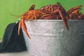 Galvanized steel bucket filled with boiled crawfish. Side view on wood table with copy space. Royalty Free Stock Photo