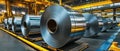 Galvanized steel coils, Close-up of galvanized steel coils being processed on high-tech production lines. Elements include