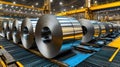 Galvanized steel coils, Detailed image showcasing rows of galvanized steel coils on automated production lines, with Royalty Free Stock Photo
