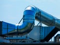 Galvanized sheet metal mechanical HVAC system, air duct and chiller closeup on flat roof