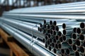 galvanized steel pipes stacked in warehouse