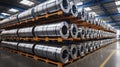 Galvanized Steel Rolls in a Distribution Warehouse. Generative AI Royalty Free Stock Photo