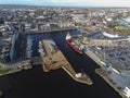 Aerial view on the Galway city commercial port and the Long Walk.