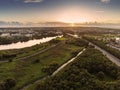 09/01/2019 Galway city, Ireland. Sunset over town, Terryland forest park, River Corrib. Moody cloudy sky. Aerial view