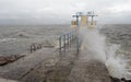 Galway - Ireland 02/28/2020: Blackrock public diving board hit by powerful waves before storm Jorge. Salthill