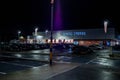 Galway, Ireland - 12.04.2020: Busy car park of Dunnes stores Terryland illuminated and decorated for Christmas festive season