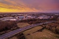 Galway, Ireland - 02.08.2023: N 6 main road at stunning sunset. Aerial drone view. Rich saturated color. Transportation and