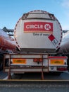 Galway, Ireland - 04.12.2022: Petrol tanker truck with Circle K logo in a yard. Oil and diesel fuel supply chain
