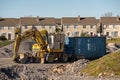 Galway, Ireland - 02.28.2021: Road repair heavy machinery equipment. Digger with locked windows