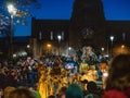 Galway, Ireland -29.10.2023: Scene at Macnas Halloween parade at Salmon Weir Bridge, Cathedral building in the background. Royalty Free Stock Photo