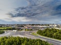 06/28/2019 Galway, Ireland. Galway shopping center, Dramatic sky. Early morning, Light traffic, Aerial view