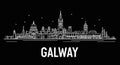 Galway with Ireland Skyline, Line Art Illustration, and Black Background Royalty Free Stock Photo