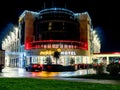 Galway / Ireland - 21/11/2020: Taxi waiting for passengers in front of Maldron Hotel, Night shot, The building decorated for